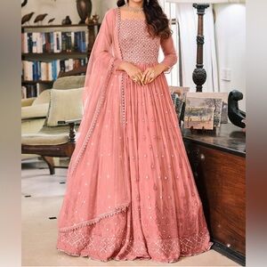 🆕 Salmon Pink Georgette Mirror Embroidered Anarkali